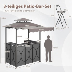 Costway Grillpavillon mit Bar und 2 Barhockern Doppeldach & Markise Grau