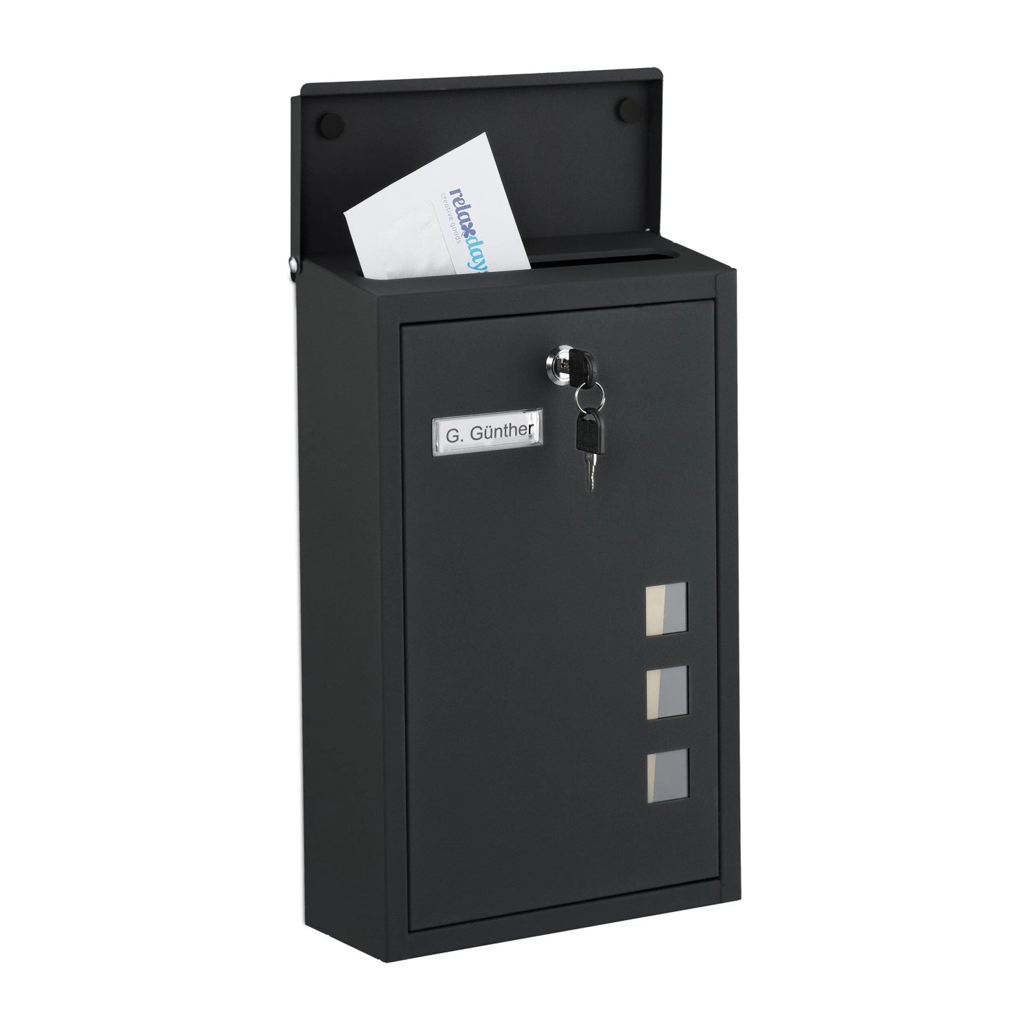 Relaxdays Briefkasten Hochformat Eisen Schwarz Abschließbar 40 cm x 25 cm x 11,5 cm 2 kg