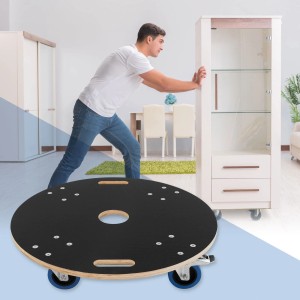 Runder ECD Germany Transportroller (Ø 67cm) mit Siebdruckplatte und 800kg Traglast im Einsatz.