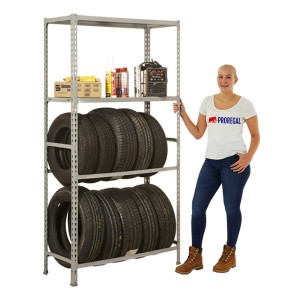 Graues PROREGAL Reifenregal Metal Shark mit 2 Ebenen für 12 Reifen und Ablagefläche.