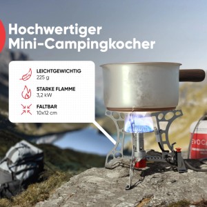 Kompakter Evocamp Mini-Gaskocher 3.2 kW mit Kartusche für Camping und Outdoor.