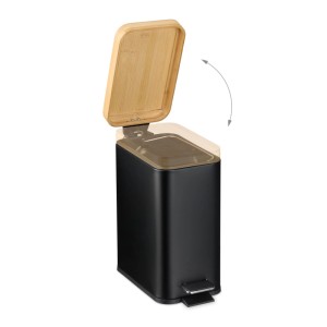 Relaxdays Treteimer Eisen Bambus Kunststoff Schwarz Rutschfest Softclose 5 l 29,5 cm x 14 cm x 29 cm 1 kg