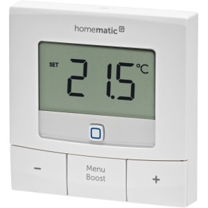 Weißer Homematic IP Wandthermostat Basic mit LC-Display, zeigt 21.5 °C. Für Hausautomation und Temperatursteuerung.