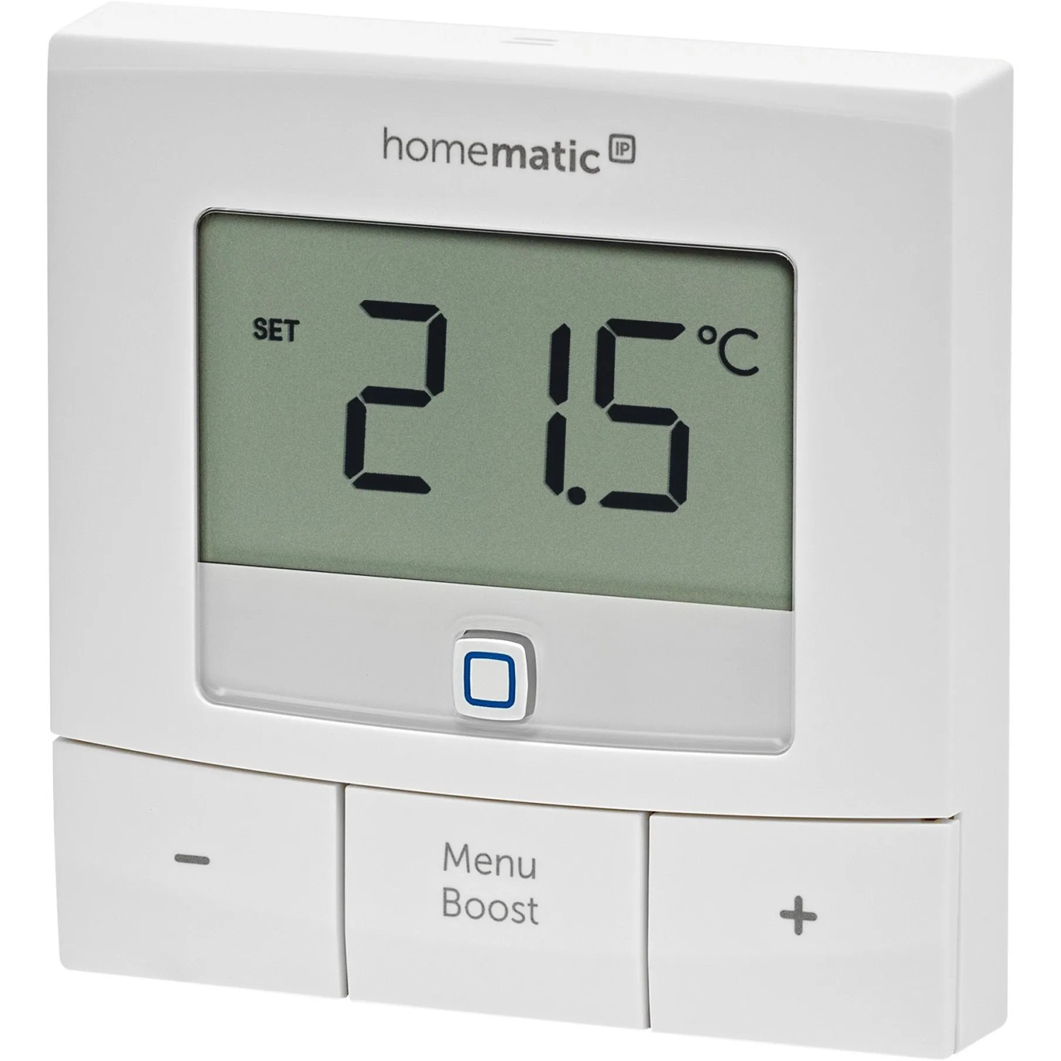 Weißer Homematic IP Wandthermostat Basic mit LC-Display, zeigt 21.5 °C. Für Hausautomation und Temperatursteuerung.