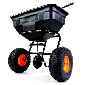 FUXTEC FX-GS56 Streuwagen mit schwarzem Behälter, robustem Rahmen und großen Rädern mit orangefarbenen Felgen für Salz, Saatgut.