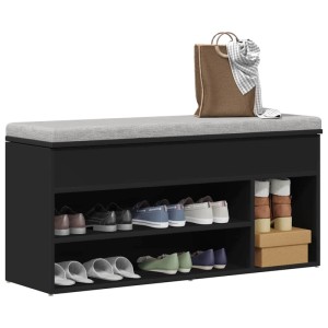 Schwarze vidaXL Schuhbank mit Sitzfläche und zwei Regalen zur Schuhaufbewahrung.