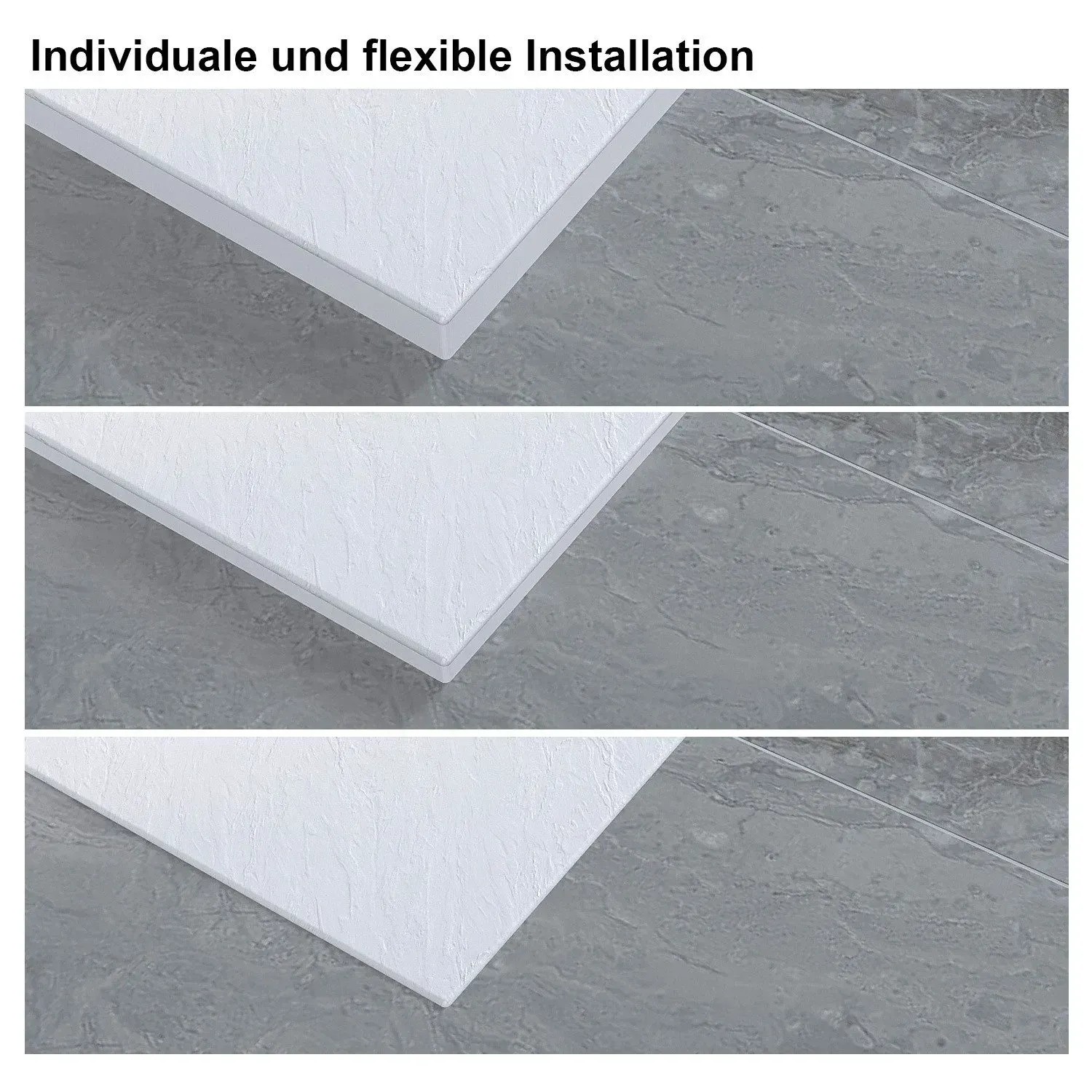 Aquabatos Duschwanne 100x80 cm, weiße, rechteckige Duschtasse in Schieferoptik zeigt verschiedene Installationsarten.