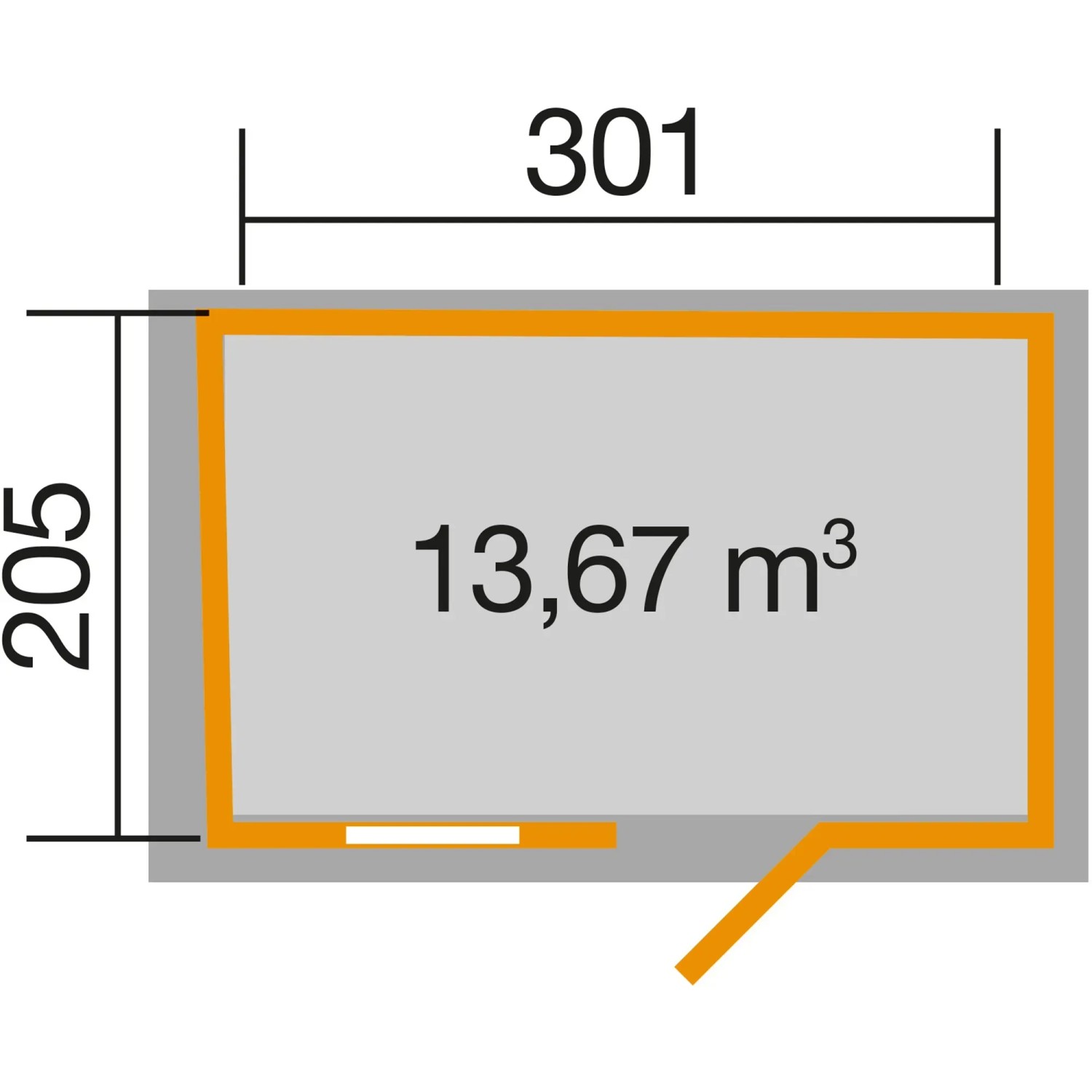 Grundriss Gartenhaus 123, Gr. 3, Satteldach, anthrazit, Maße: 301x205 cm, Volumen: 13,67 m³.