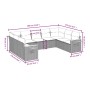 Beige 9-tlg. Garten-Sofagarnitur aus Polyrattan mit Kissen, Maße eingezeichnet.