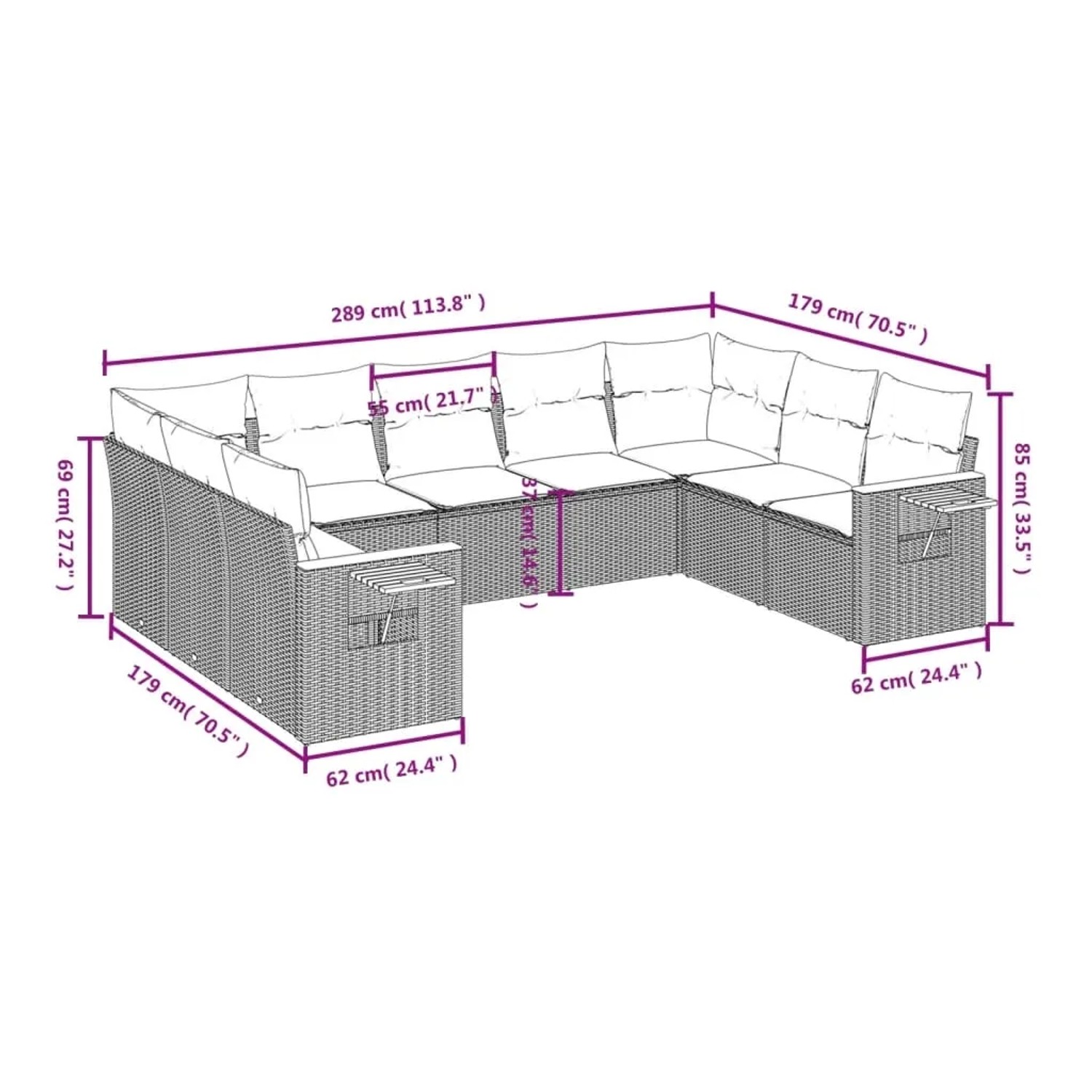 Beige 9-tlg. Garten-Sofagarnitur aus Polyrattan mit Kissen, Maße eingezeichnet.