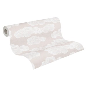 PROFHOME Kindertapete mit Wolkenmuster in Beige und Creme-Weiß, matte Oberfläche.