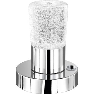 Chromfarbene LED-Tischleuchte mit Touch-Funktion und klarem Glas.