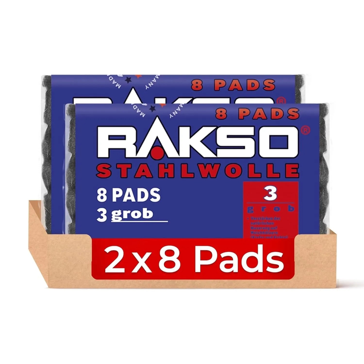RAKSO Stahlwolle Pads Sorte 3 Grob 2 x 8 Stück