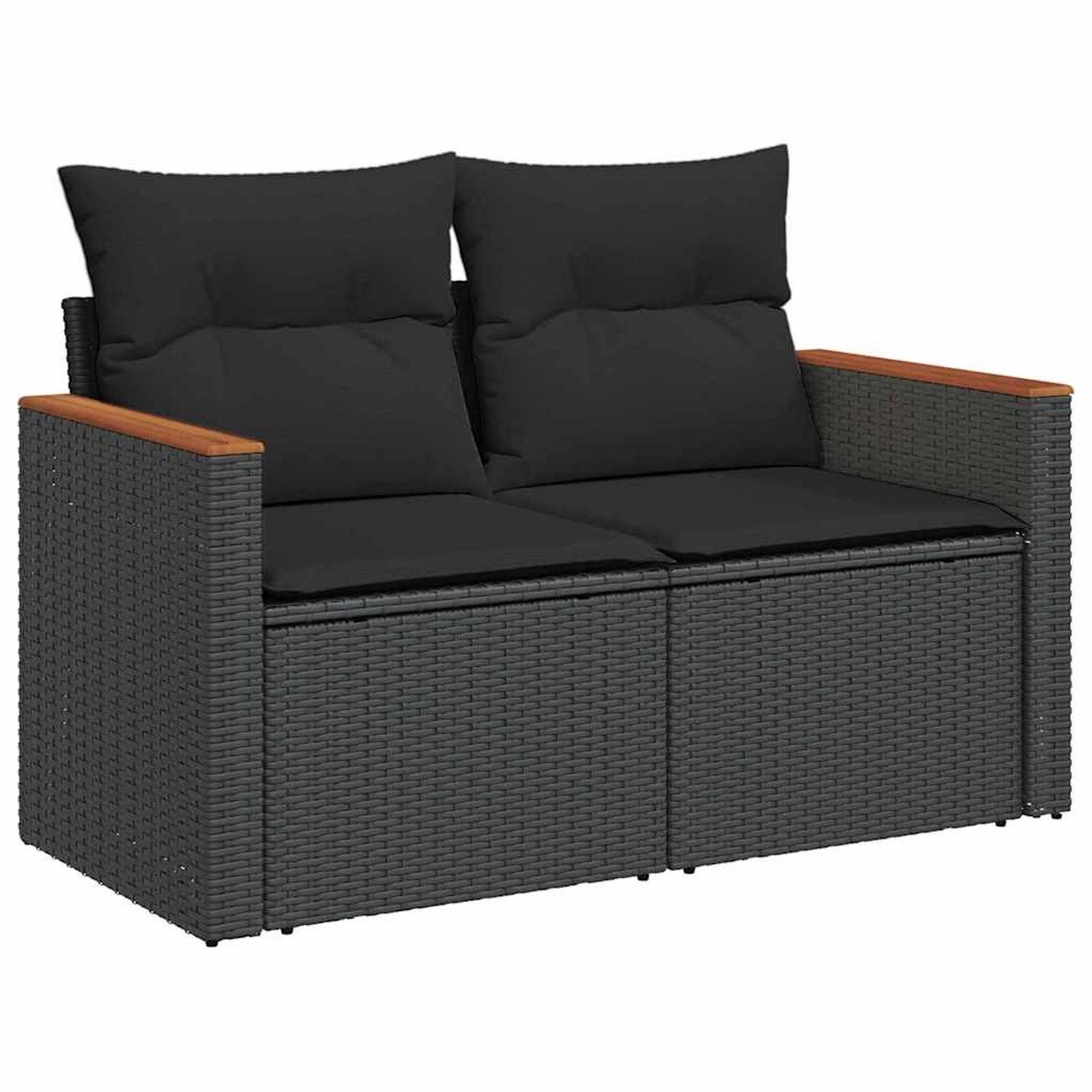 Schwarzes 8-teiliges Garten-Sofa-Set aus Poly Rattan mit Akazienholz-Akzenten und Kissen.