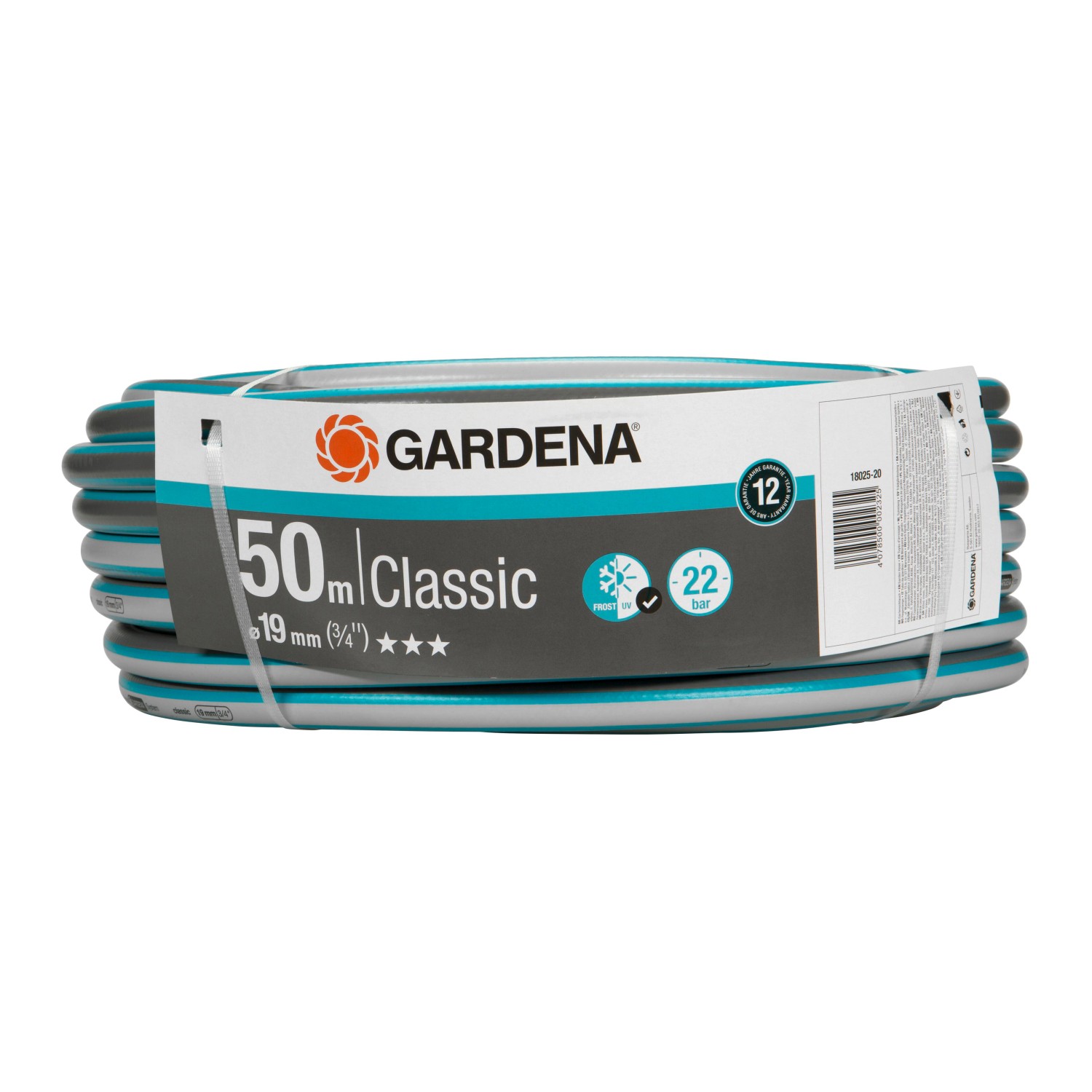 Gardena Gartenschlauch Classic, 50 m, 19 mm (3/4 Zoll), aufgerollt.
