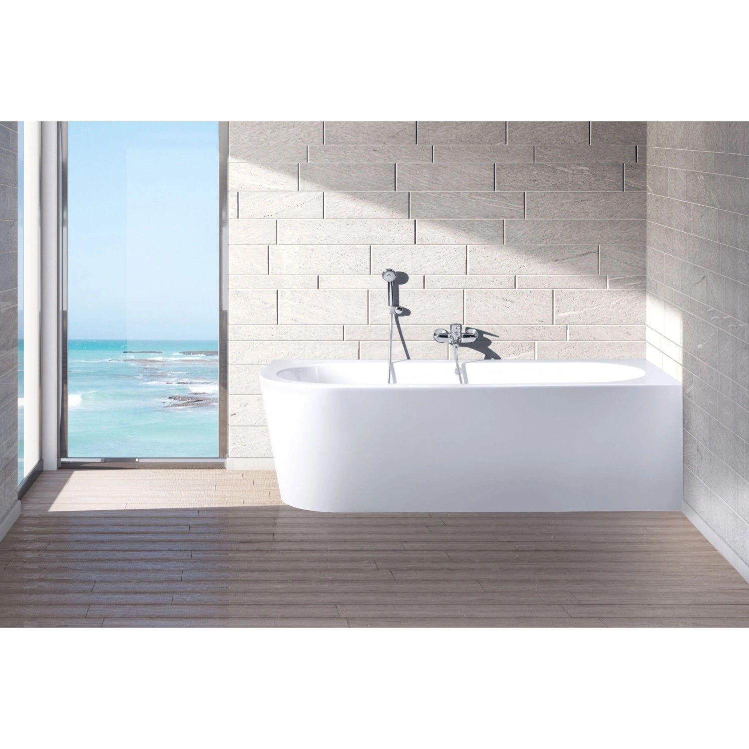 Weiße Ottofond Eck-Badewanne Modena Corner links aus Acryl in modernem Bad mit Meerblick. Ideal für Ihr Badezimmer.