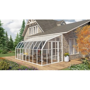 Palram Canopia Gewächshaus Sun Room, 508x257 cm, weiß, mit transparenten Wänden und Dach am Haus.