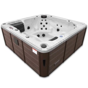 Canadian Spa Whirlpool ThunderBay, fester Whirlpool für 6 Personen mit brauner Verkleidung und weißer Innenwanne.