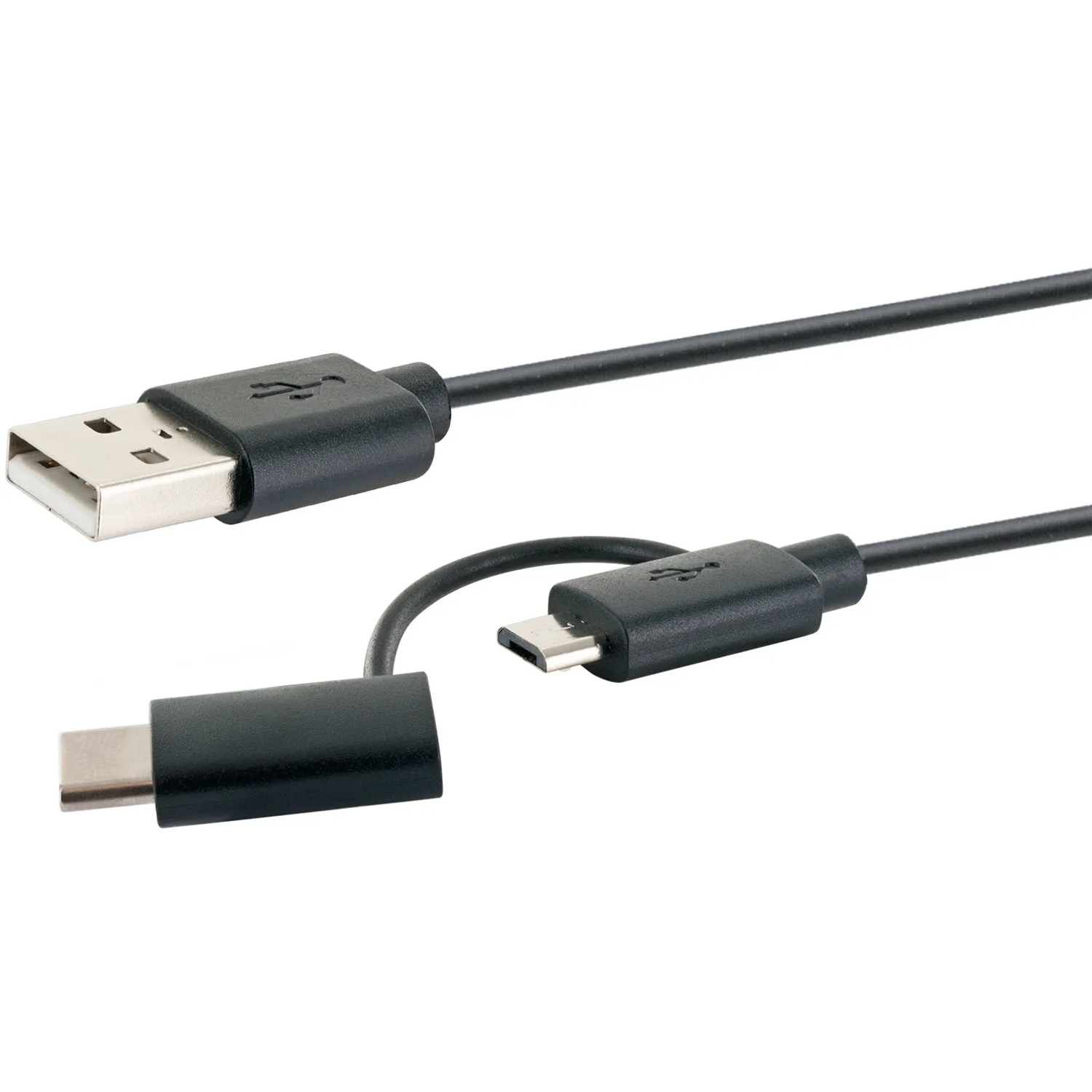 Schwarzes Schwaiger USB-Kabel: USB-C, Micro-B und USB-A Stecker für Computer & Multimedia.