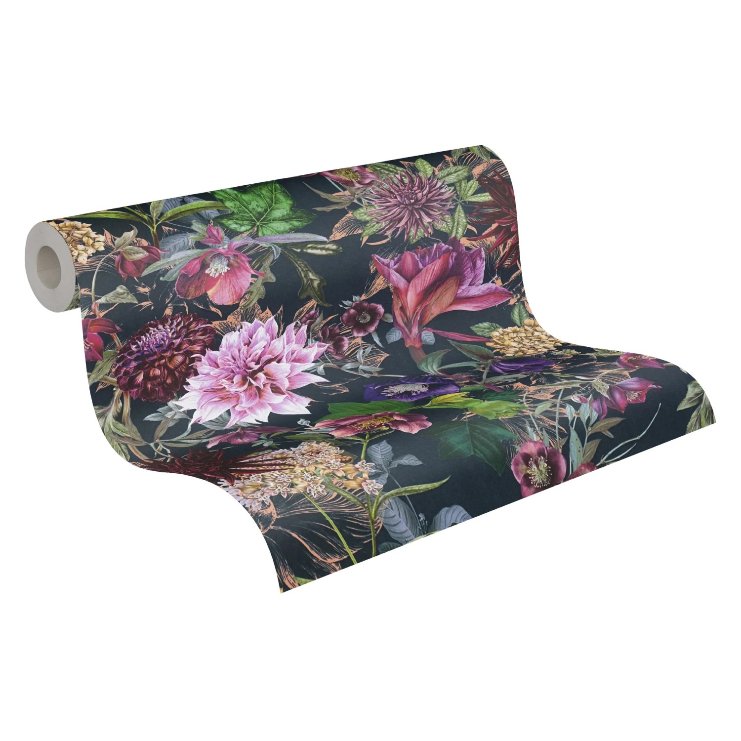 Vliestapete mit Blumenmuster in Grün und Schwarz. Dekorative Tapete mit floralem Design.