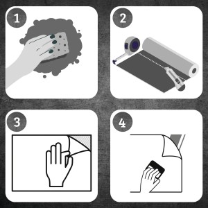 Anleitung zum Anbringen der Venilia Klebefolie: Reinigen, Zuschneiden, Anbringen, Glattstreichen.