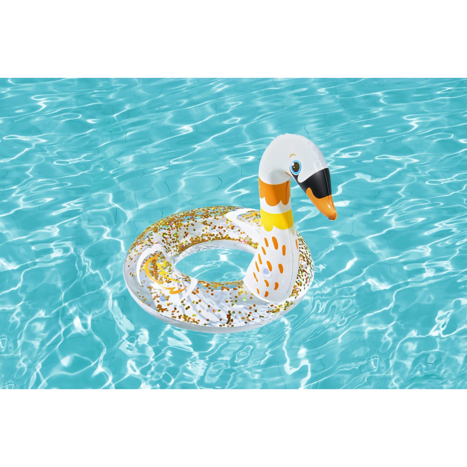 Glitzernder Bestway Schwimmring mit Schwan im Wasser.