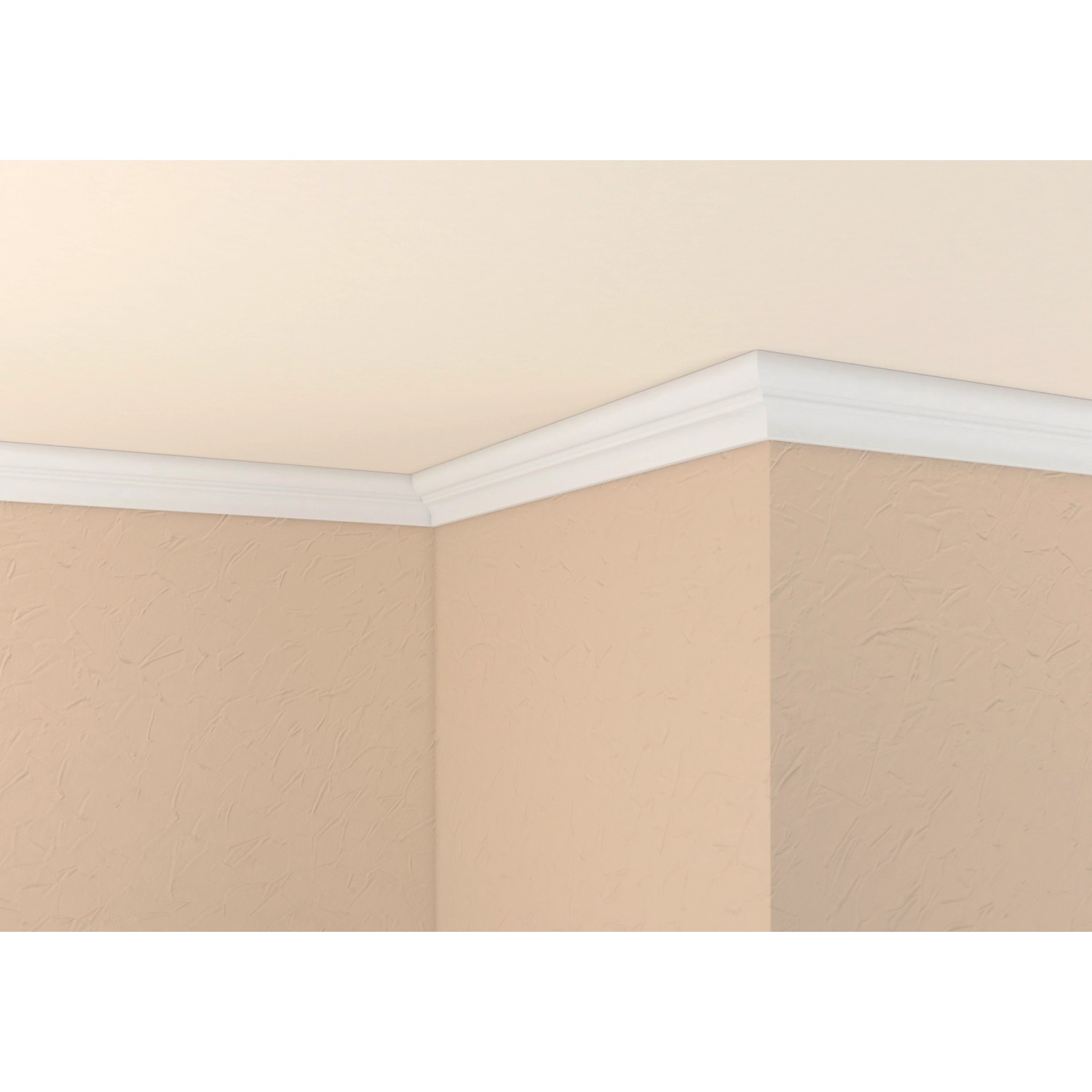 Weißes Decorate Zierprofil KZL03 (1,5 m) an Wand und Decke.