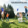 Familie spielt Badminton mit gelb-blauem Kunststoffnetz im Garten. HOMCOM Badminton Netz für Spiel & Spaß.