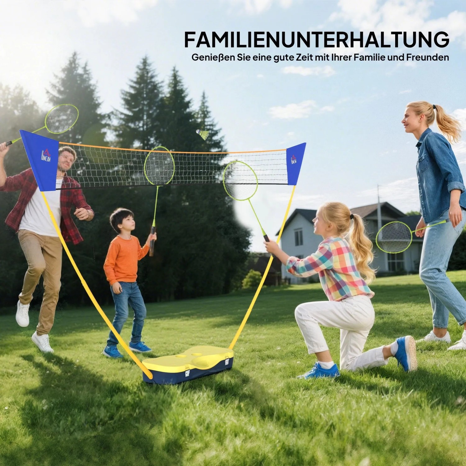 Familie spielt Badminton mit gelb-blauem Kunststoffnetz im Garten. HOMCOM Badminton Netz für Spiel & Spaß.