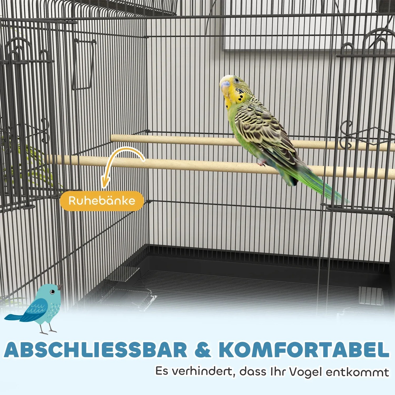 PawHut Vogelkäfig aus Stahl mit Wellensittich auf Sitzstange, 63x53x144cm.