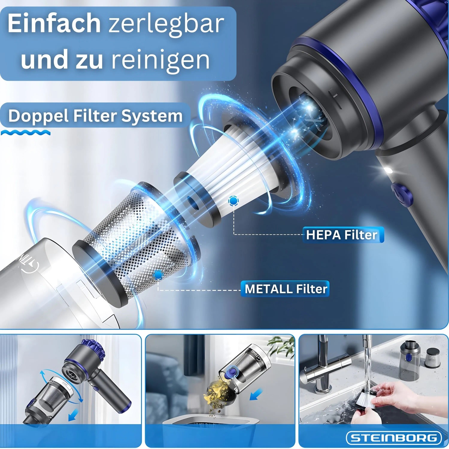 Steinborg SB-1041 Mini Akku Handstaubsauger: Doppelfiltersystem mit Metall- und HEPA-Filter, zerlegbar und waschbar.