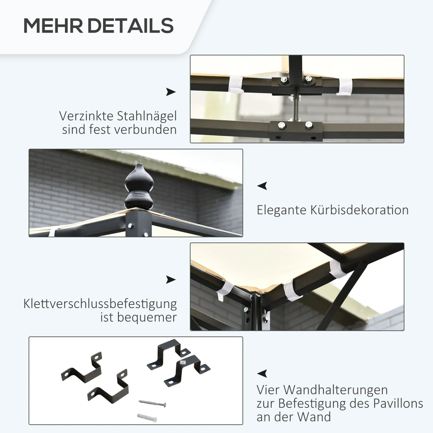 Details der Outsunny Pergola: Stahlverbindungen, Kürbis-Deko, Klettverschlüsse, Wandhalterungen.