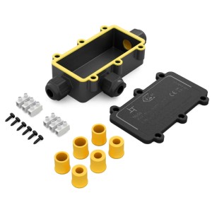 Schwarze hb-digital Abzweigdose IP68, 3 Wege, mit gelber Dichtung, Deckel, Klemmen und Schrauben für Elektroinstallation.