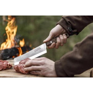 Petromax Kochmesser 17 cm schneidet Fleisch am Lagerfeuer. Grillutensil mit Holzgriff.