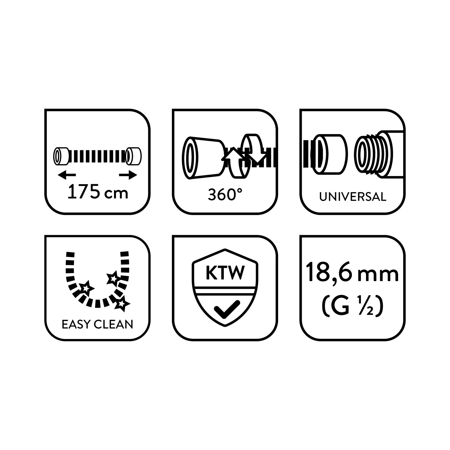 Piktogramme zum baliv Brauseschlauch BSL-175.41: 175cm, 360° Drehschutz, Universal, Easy Clean, KTW-Norm, 18,6mm Anschluss.