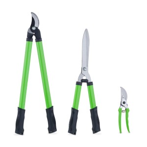3-teiliges Gartenscheren Set: Astschere, Heckenschere und Rosenschere mit grünen Griffen.
