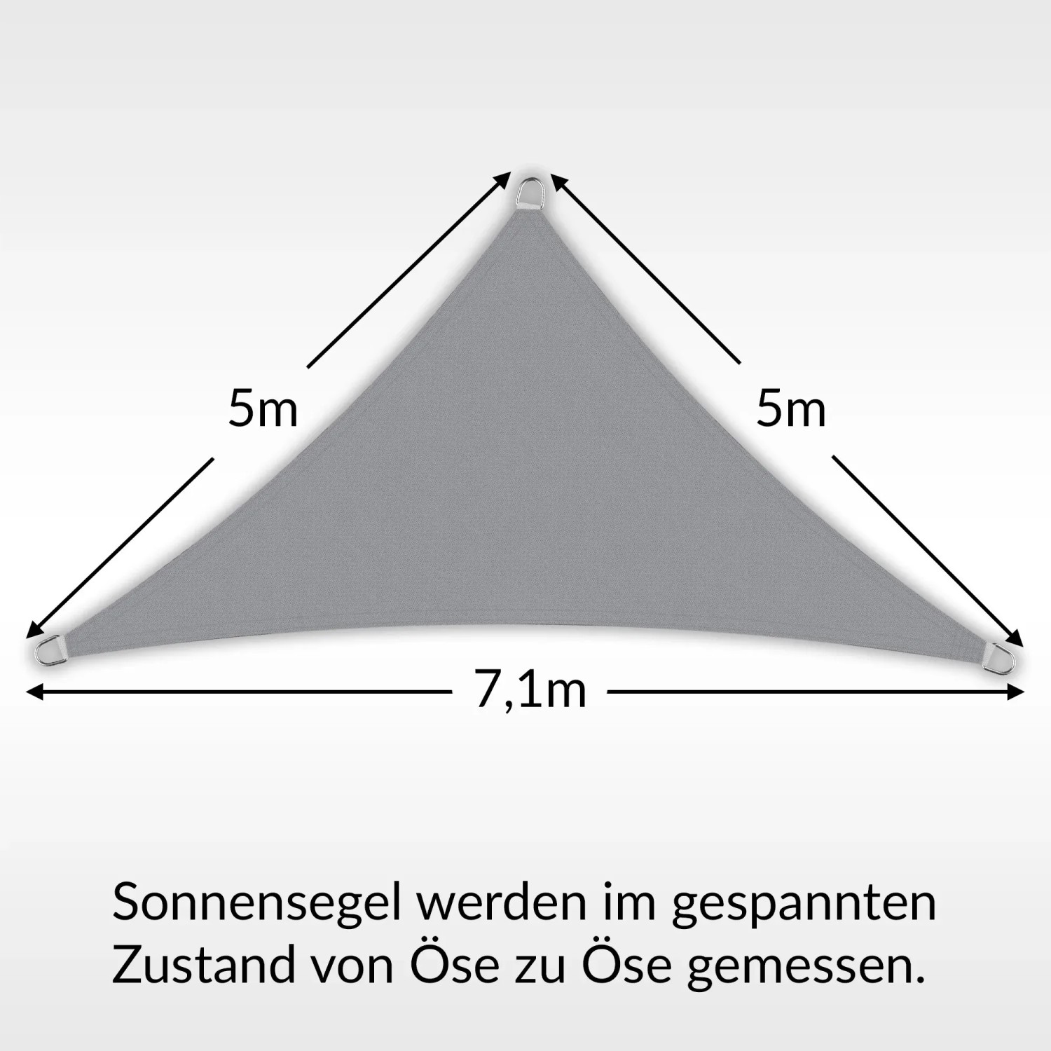 Hellgraues Toldoro Sonnensegel Dreieck 5x5x7,1m aus HDPE für UV-Schutz im Garten.