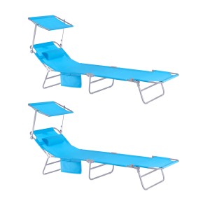 2er Set blaue Gartenliegen mit Sonnendach und Kopfkissen. Metallgestell, verstellbare Rückenlehne.