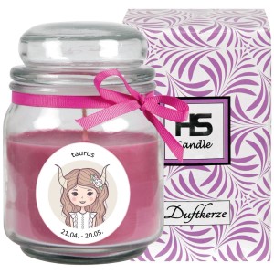 HS Candle Duftkerze Stier im Glas mit Schleife, Brenndauer 70 Stunden.