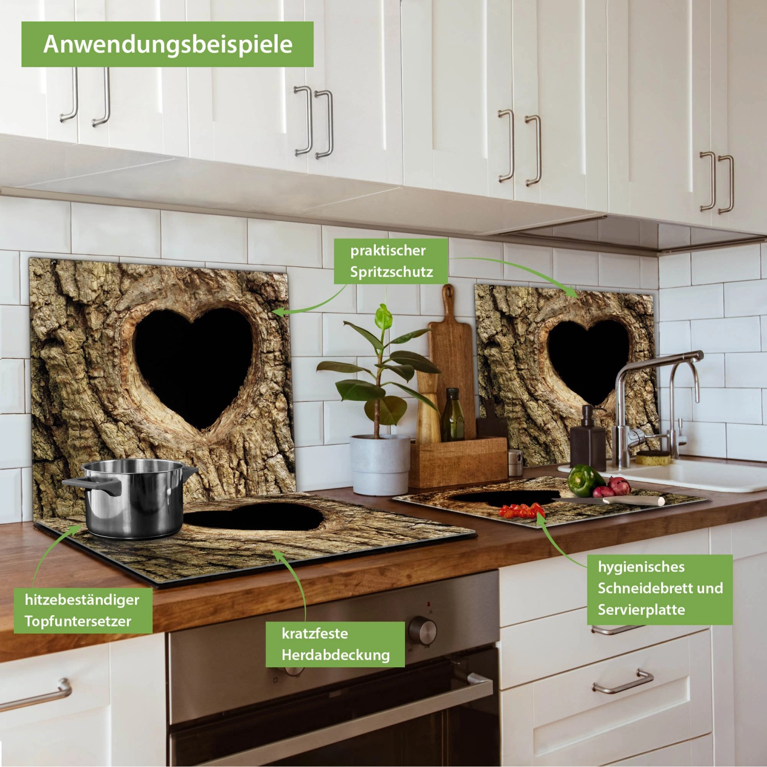 Banjado Herdabdeckplatte Glas mit Baumherz-Motiv als Schneidebrett und Spritzschutz.