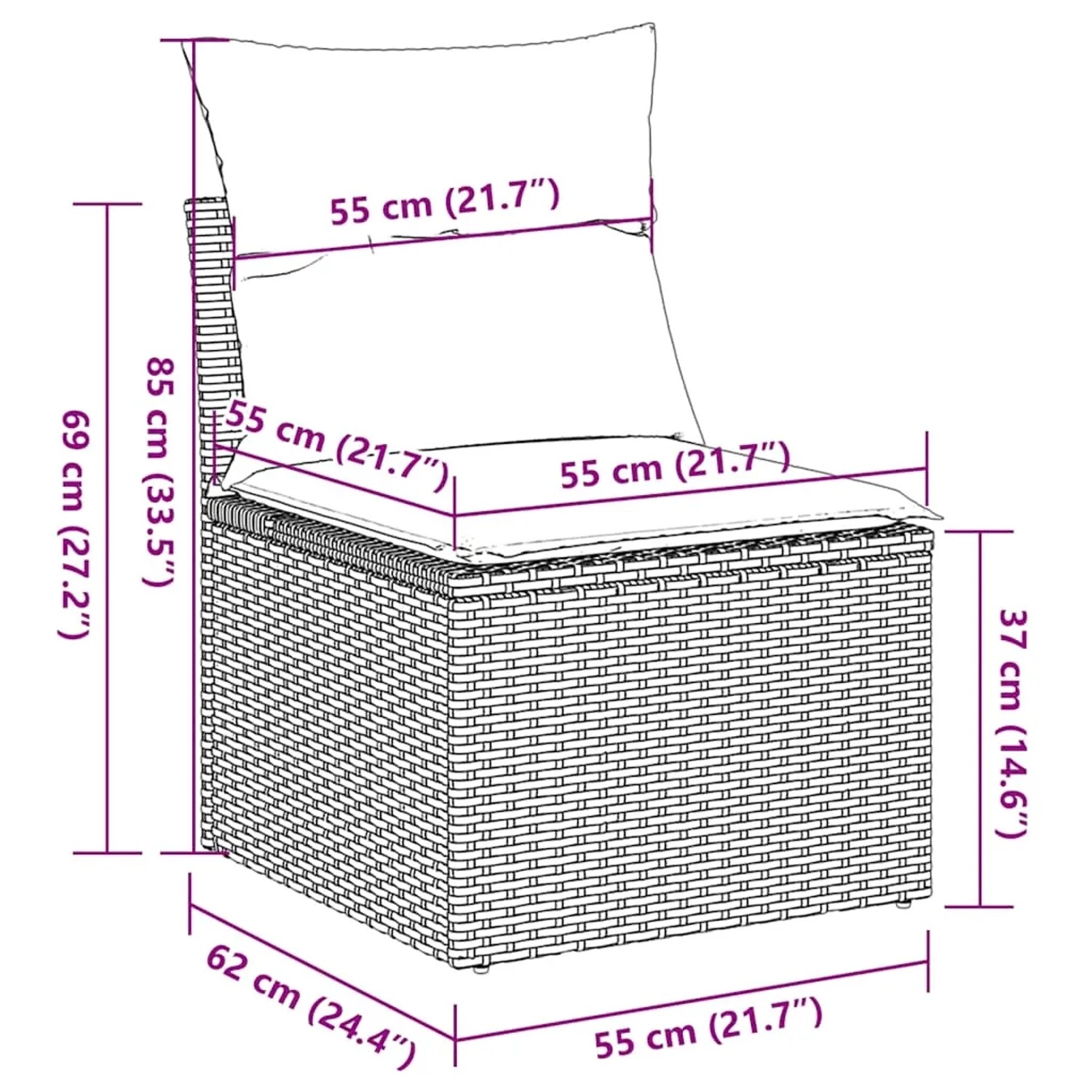 Skizze eines grauen Gartensofas aus Rattan mit Kissen und Maßangaben für Gartenmöbel.