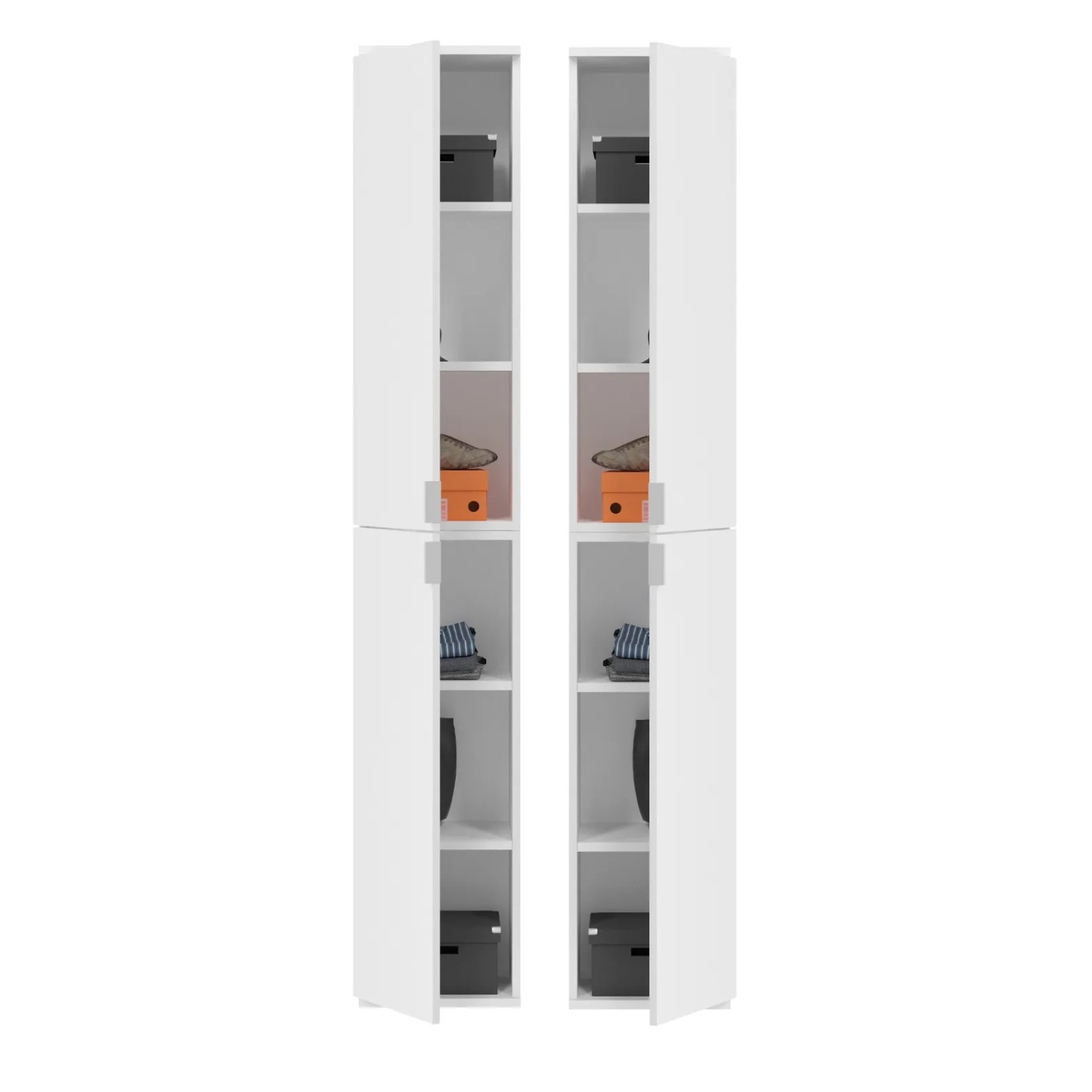 Weißer Hochglanz Garderobenschrank SystemX, 152 cm, mit offenen Türen, variablen Fächern für Schuhe und Kleidung.