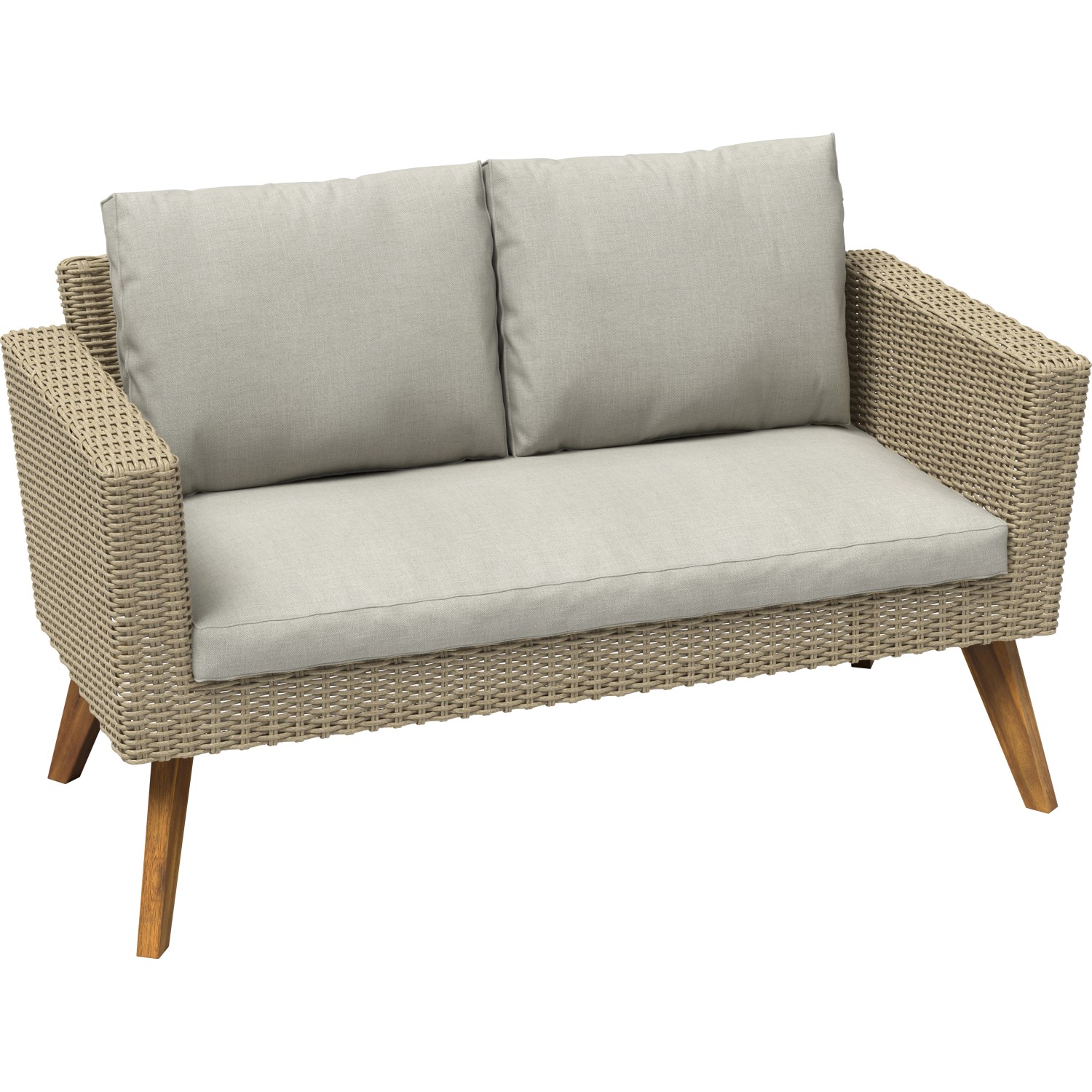 Beige 2-Sitzer Lounge Sofa aus Wicker-Geflecht mit Kissen, Teil des 4-teiligen Borup Gartenmöbel Sets.