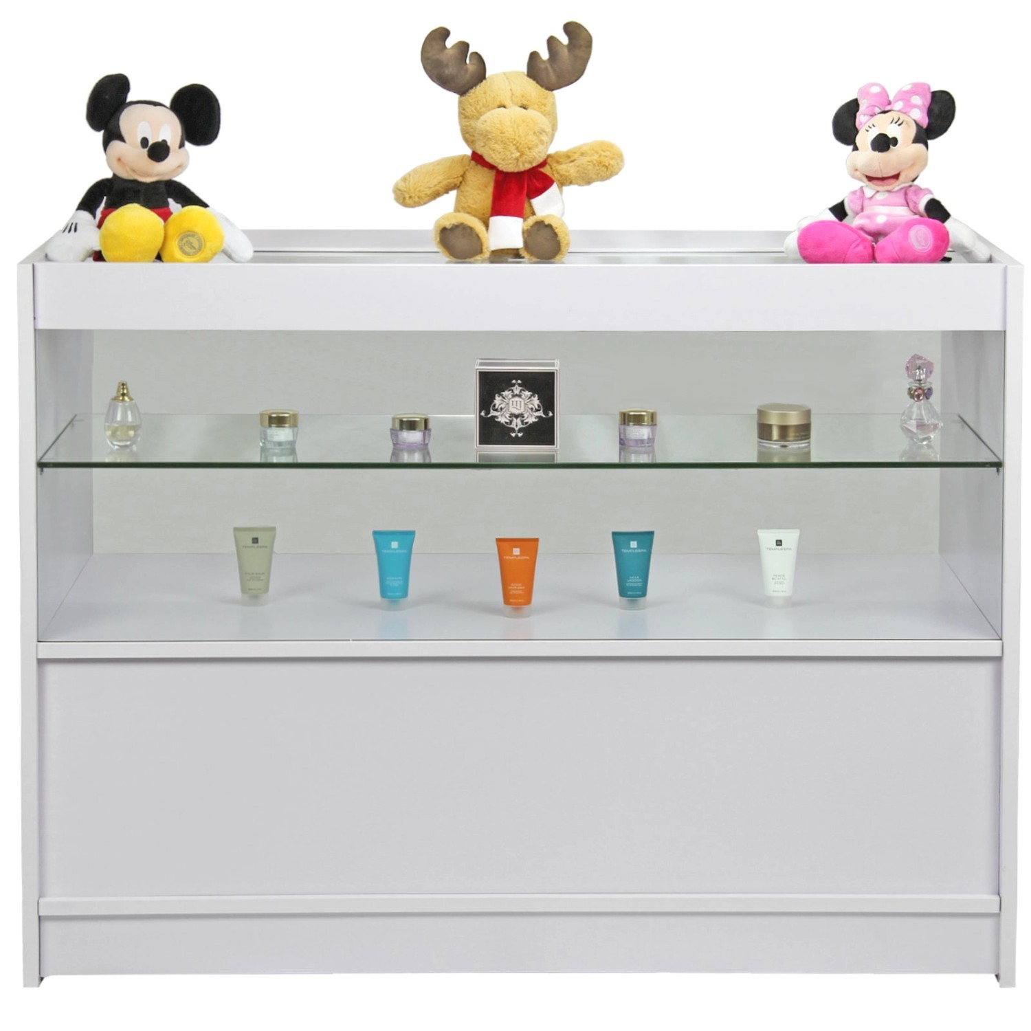 Monstershop Gemini C1200 Ladenmöbel in Weiß mit Glasregalen, ideal für Bürobedarf.