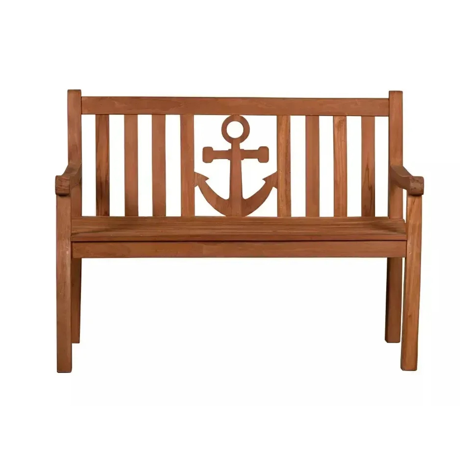 Gartenbank Anker aus Teakholz mit Anker-Motiv in der Rückenlehne. Robuste Gartenmöbel für den Außenbereich.