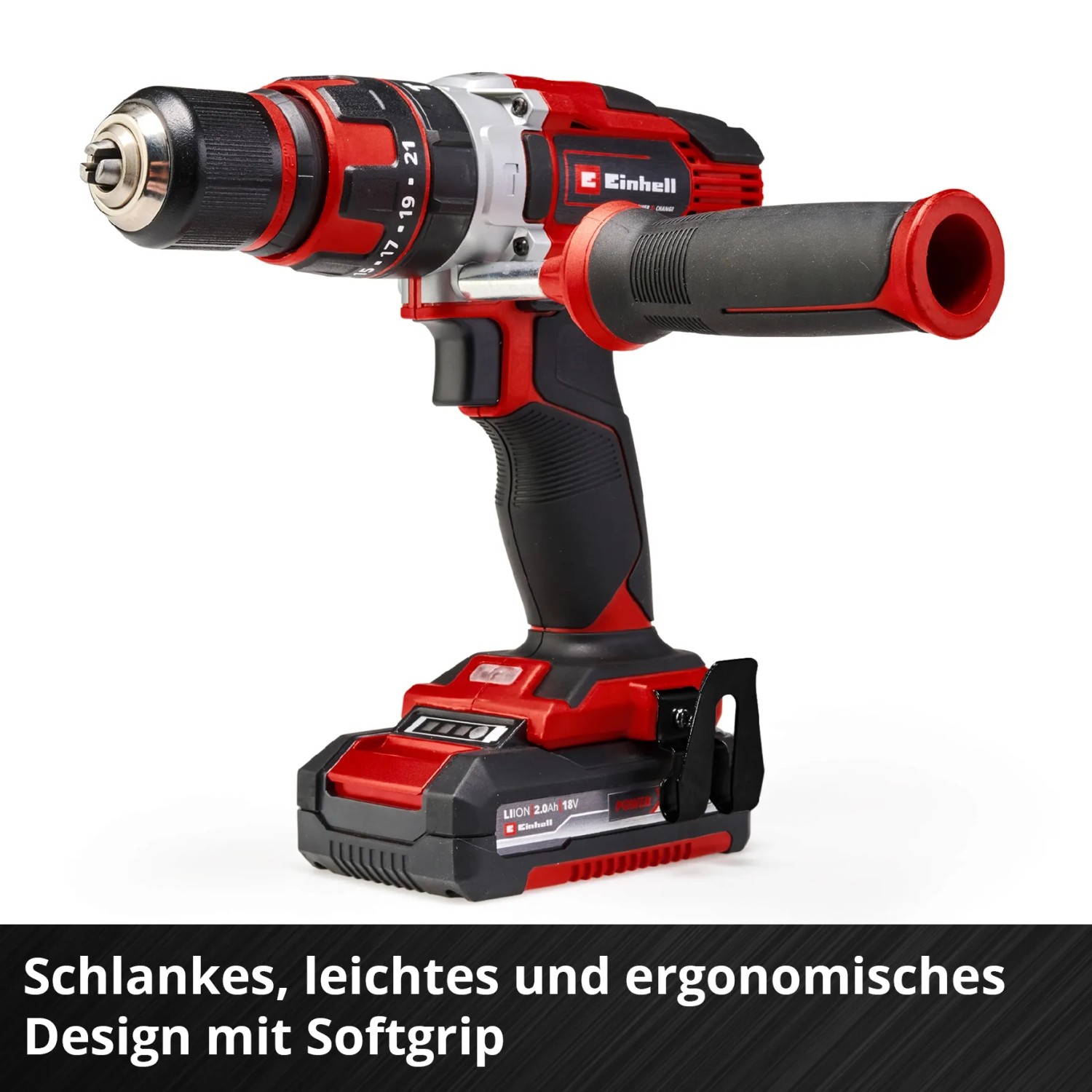 Einhell Akku-Schlagbohrschrauber TE-CD 18/48 Li-i-Solo mit Zusatzhandgriff.