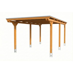 Skan Holz Carport Emsland 340x604 cm, Eiche Hell, mit Flachdach und anthrazitfarbenen Stahl-Dachplatten.