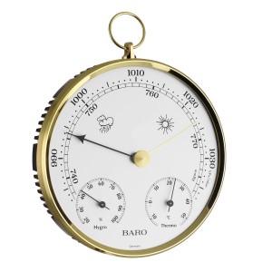 TFA Domatic Thermo-Baro-Hygrometer mit Messingring, zum Messen von Temperatur, Luftdruck und Luftfeuchtigkeit.