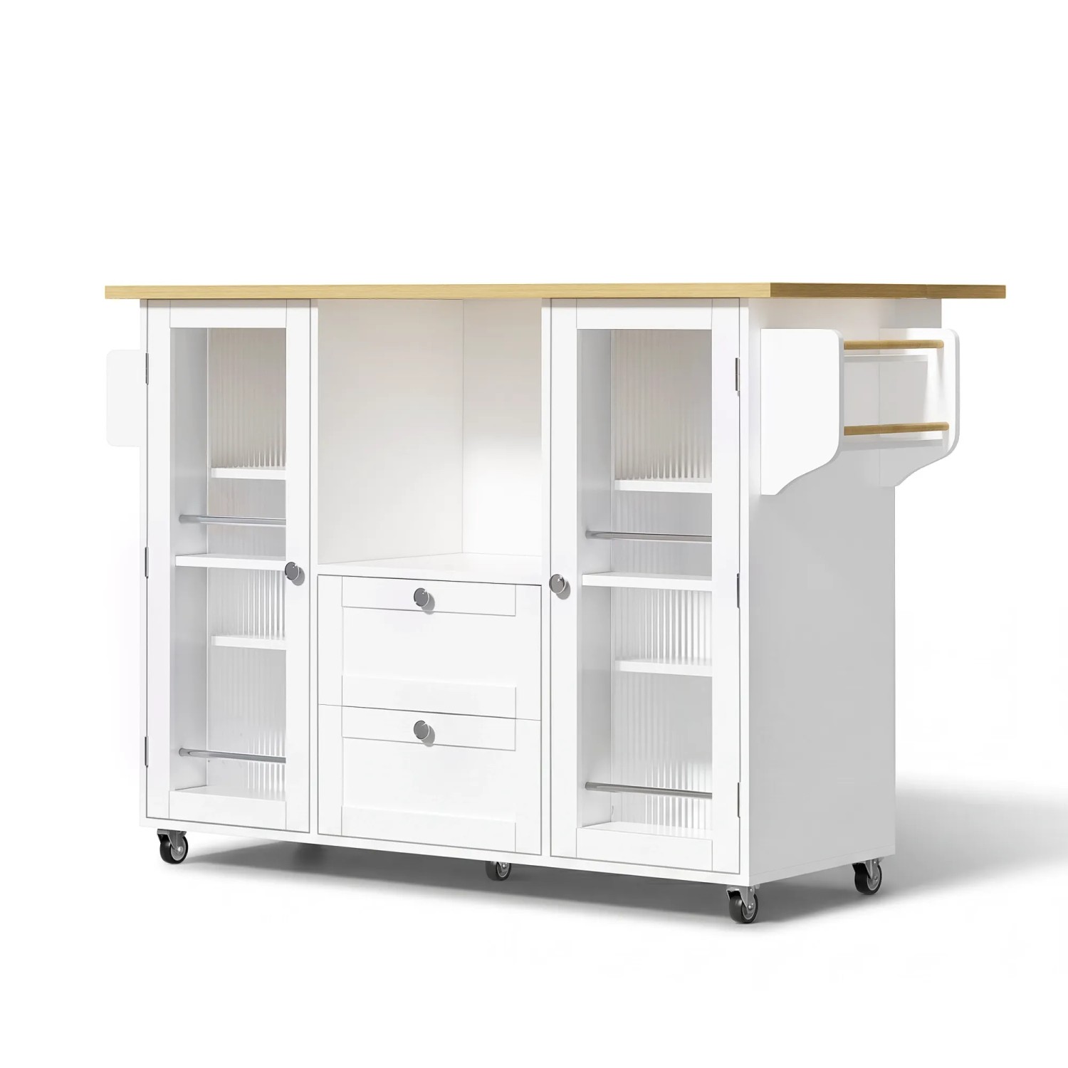 okwish Kücheninsel mit Klappbarer Arbeitsplatte Schubladen Gewürzregal 120x45x92cm Weiß