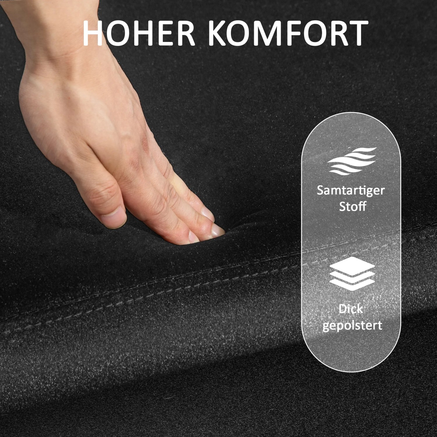 Detailaufnahme: Schwarze HOMCOM Sitzbank mit Samtbezug, Hand testet Polsterung.